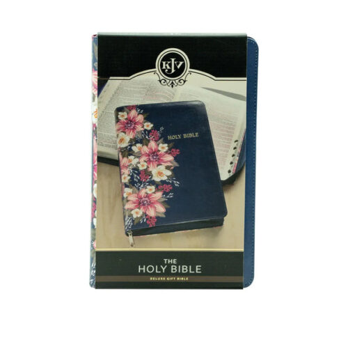 KJV HOLY BIBLE STANDARD SIZE FAUX LEATHER RED LETTER EDITION, BLUE FLORAL, ZIPPER CLOSURE